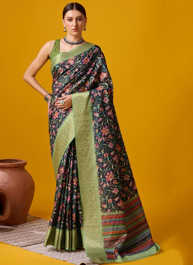 Cotton Black Festival Wear Floral Print Saree